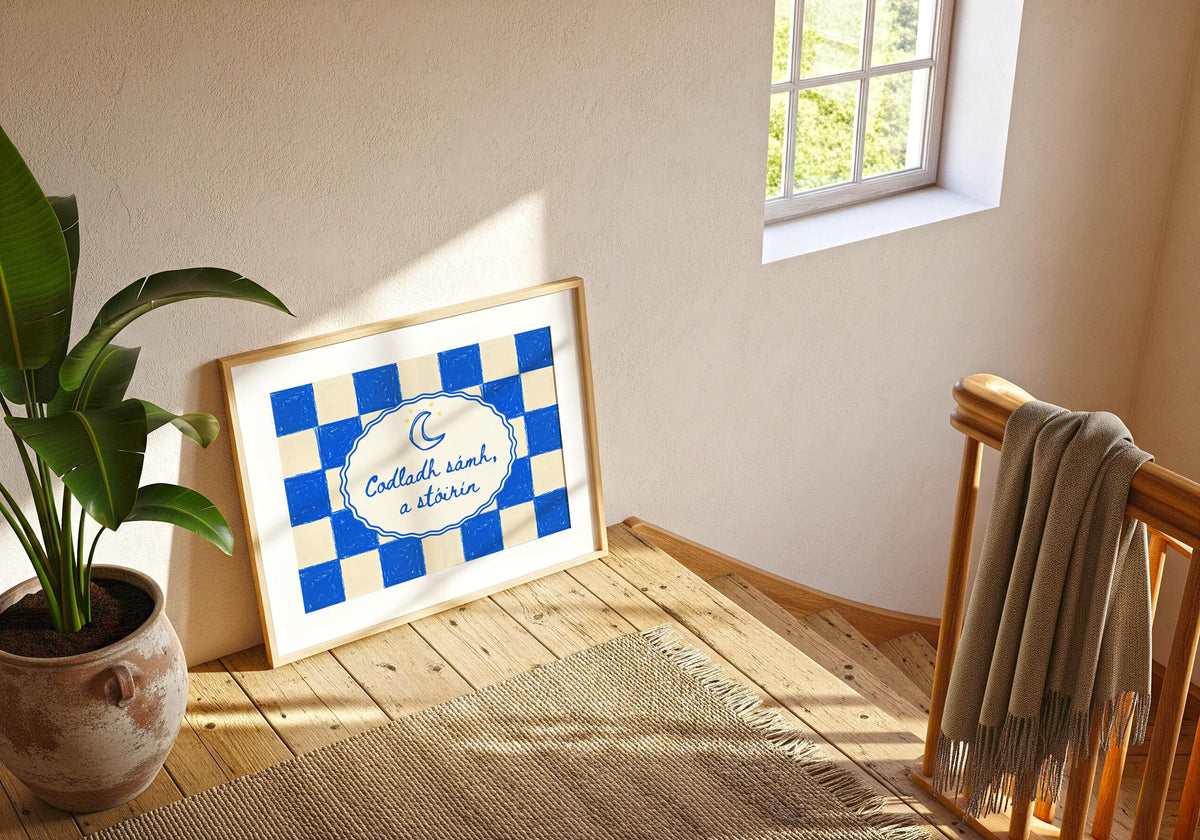 Codladh Sámh a Stóirín Blue Check Irish print – wall mockup 4