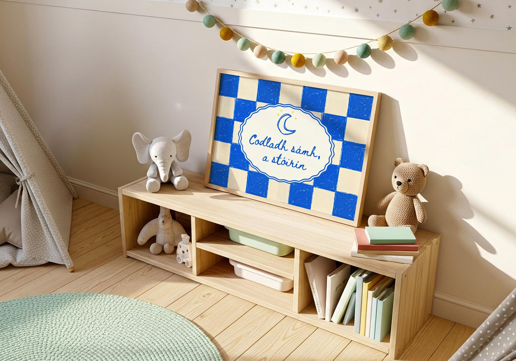 Codladh Sámh a Stóirín Blue Check Irish print – wall mockup 5