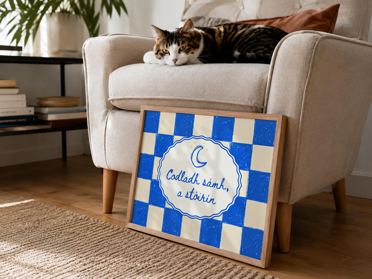 Codladh Sámh a Stóirín Blue Check Irish print – wall mockup 6