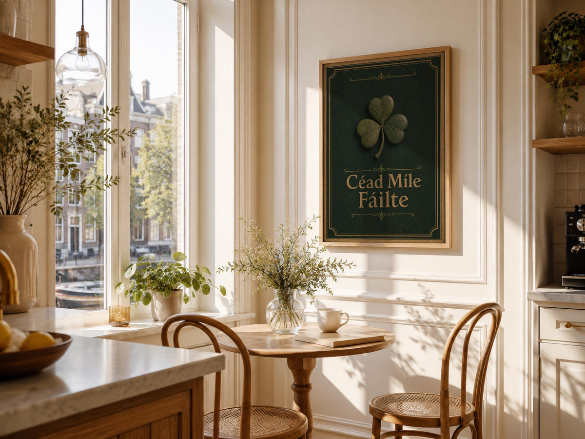 Céad Míle Fáilte Shamrock Irish print – room mockup 4
