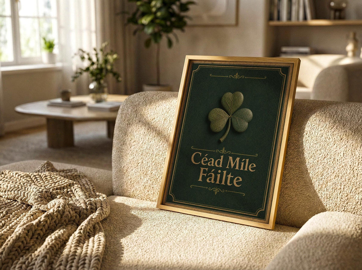 Céad Míle Fáilte Shamrock Irish print – room mockup 1