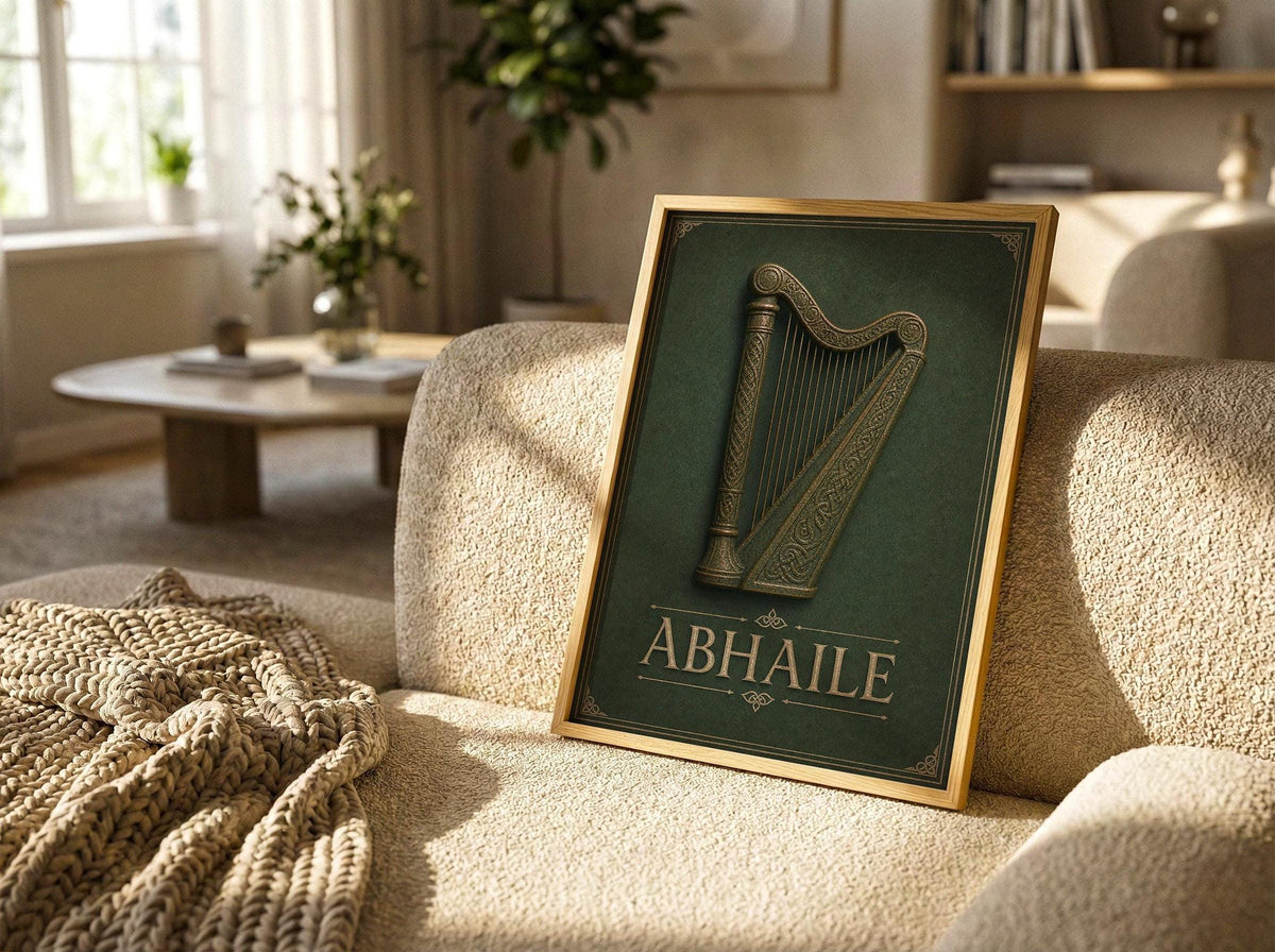 Abhaile Celtic harp print on wall