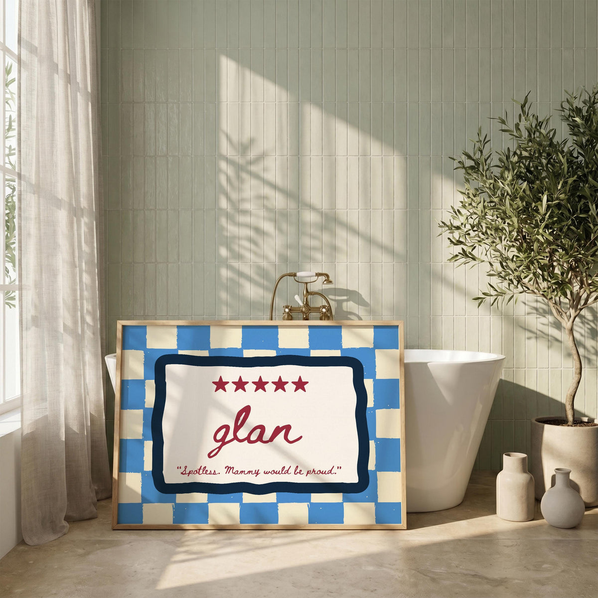 Glan blue checkered Irish print – wall mockup 3