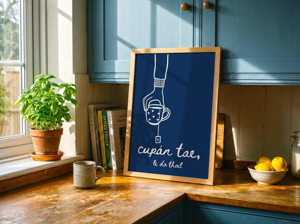 Cupán Tae Navy Irish print – wall mockup 3