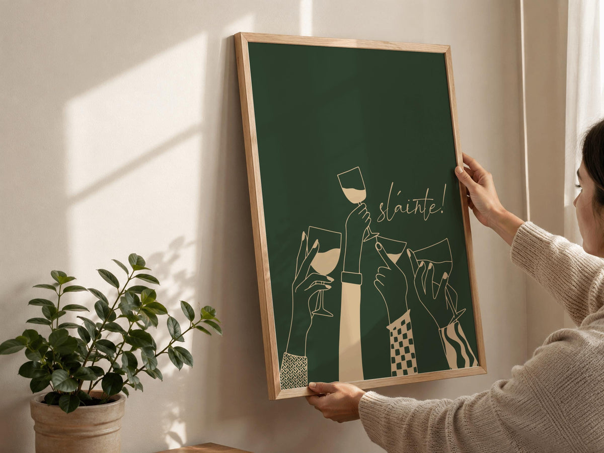 Forest green Sláinte wine toast Irish print – interior scene