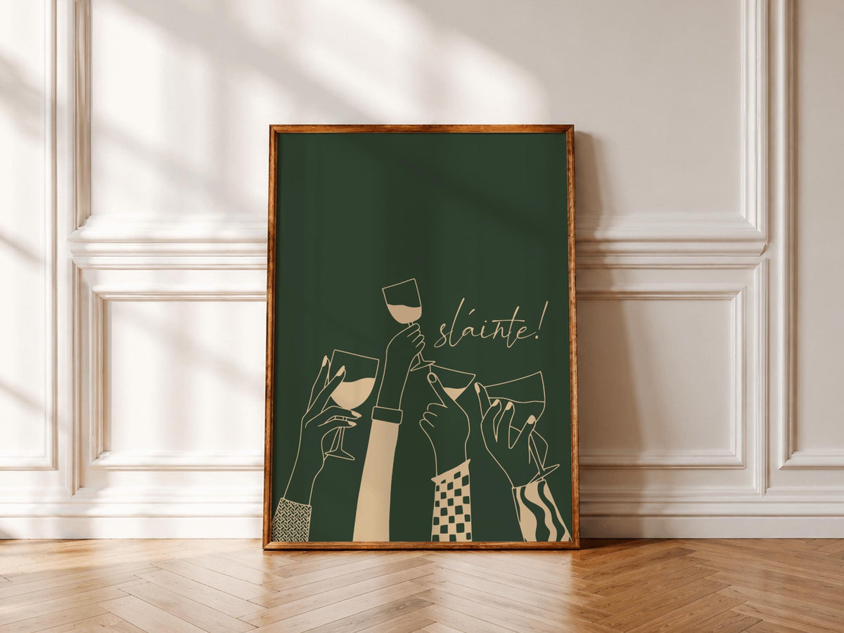 Forest green Sláinte wine toast Irish print – detail view