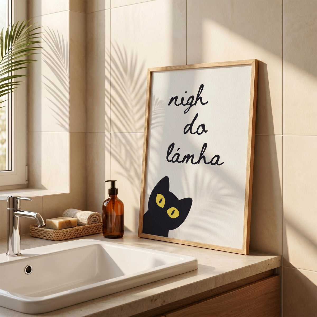 Nigh do lámha black cat Irish print – wall mockup 1