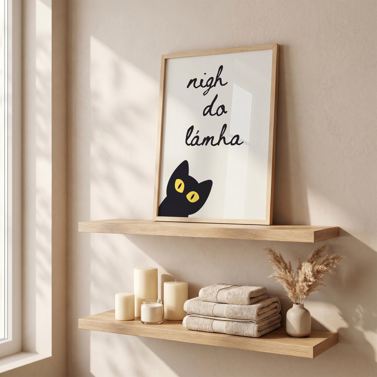 Nigh do lámha black cat Irish print – wall mockup 2