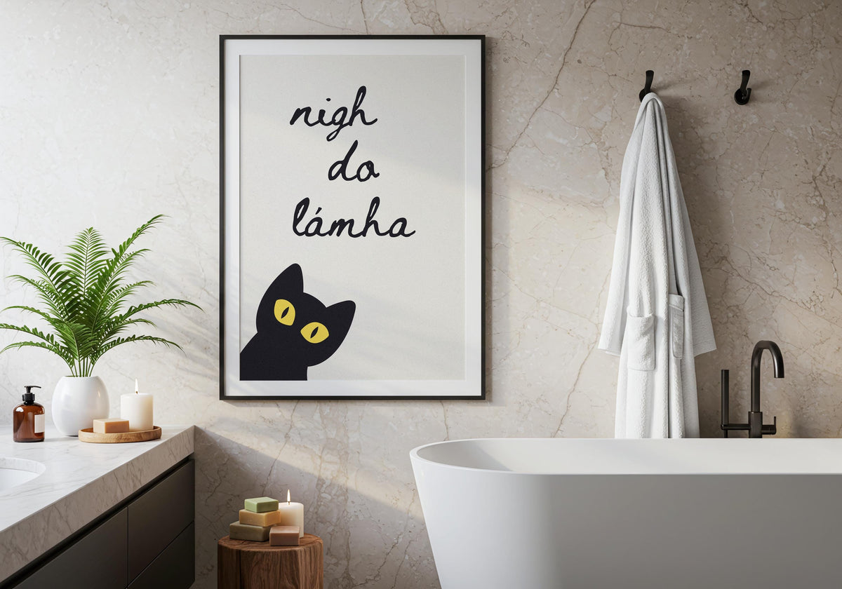 Nigh do lámha black cat Irish print – wall mockup 5