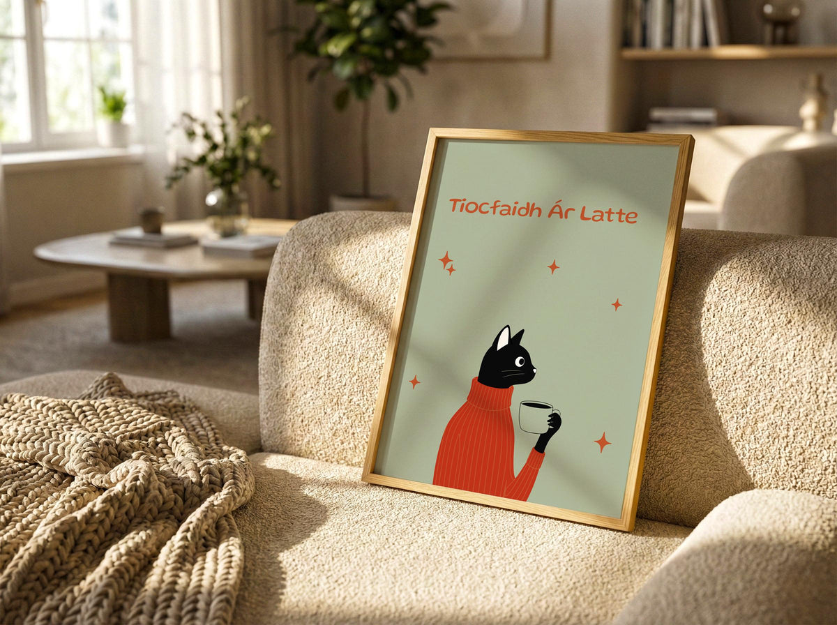 Tiocfaidh Ár Latte cat print – mockup 2